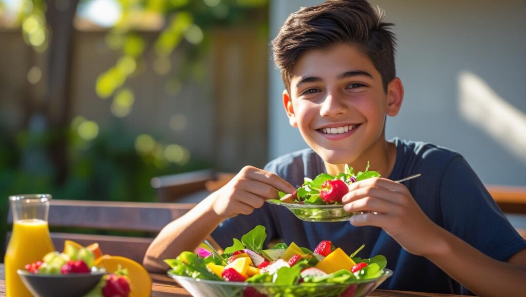 adolescente sorrindo enquanto come frutas e salada em um prato colorido