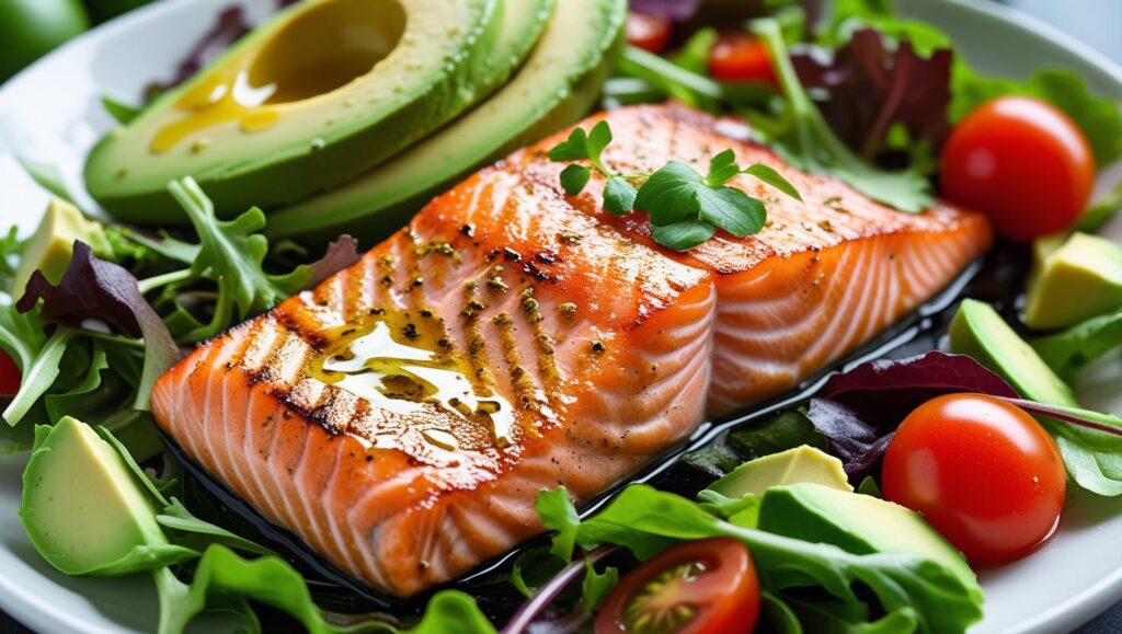 prato de dieta cetogênica com salmão, abacate e salada fresca