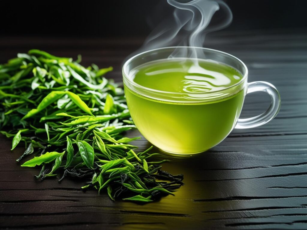 Foto de uma xícara de chá verde com folhas frescas ao lado. chás para emagrecer e desinchar.