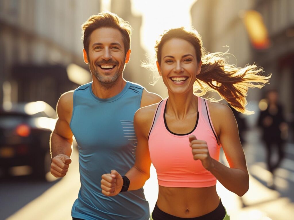 Homem e mulher realizando corrida juntos na rua - Perda de peso