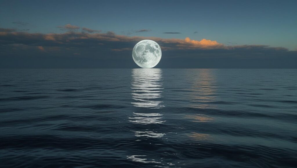 Lua cheia refletindo no mar, representando ciclos naturais do corpo e emagrecimento.