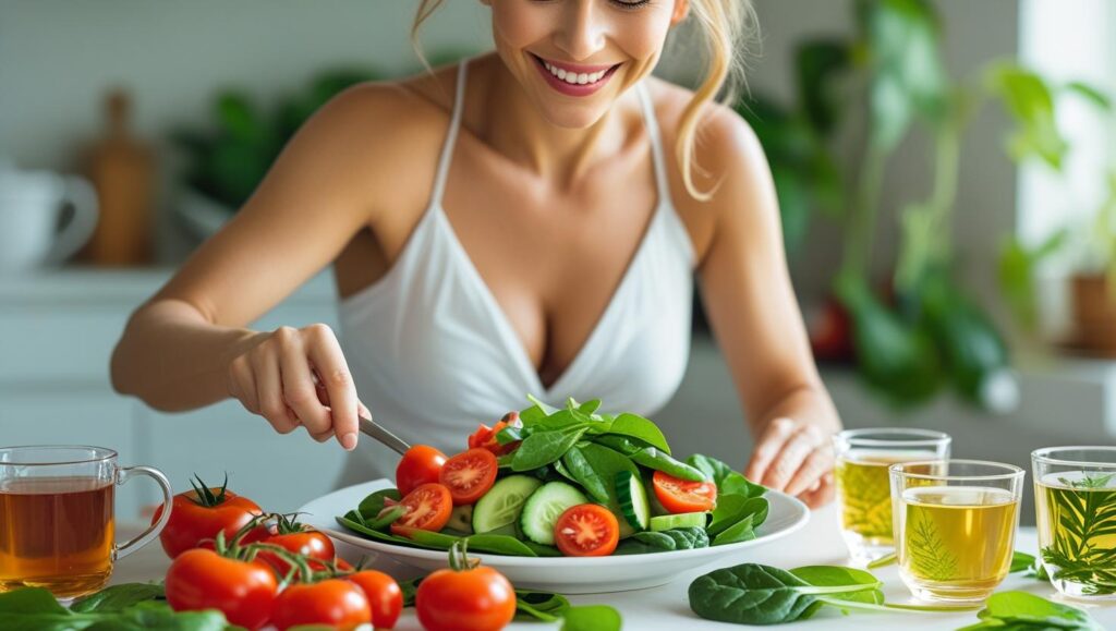Mulher preparando salada fresca com vegetais e chás para auxiliar no emagrecimento rápido.