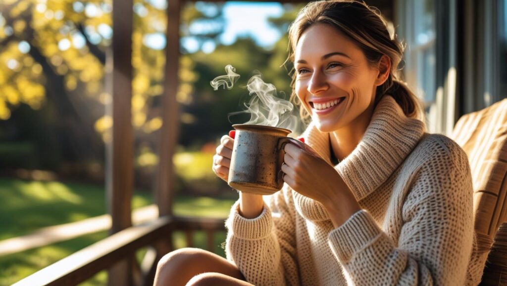 Mulher sorridente tomando chá natural após caminhada ao ar livre, representando um estilo de vida saudável