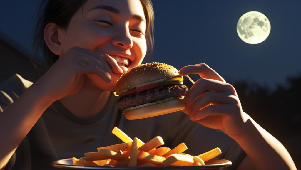 Pessoa comendo hamburguer e batata frita na dieta da lua