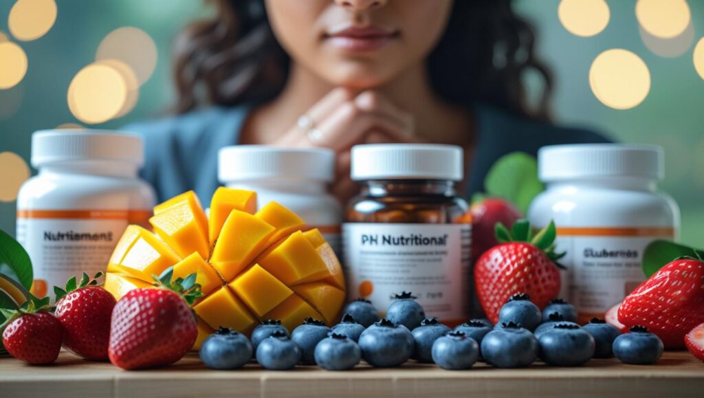 Pessoa escolhendo entre frutas frescas e potes de suplementos, simbolizando a escolha entre métodos naturais e suplementação.