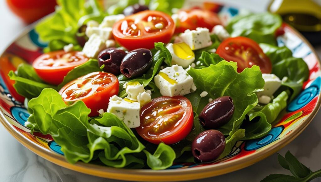 Prato típico da dieta mediterrânea com vegetais frescos e azeite de oliva
