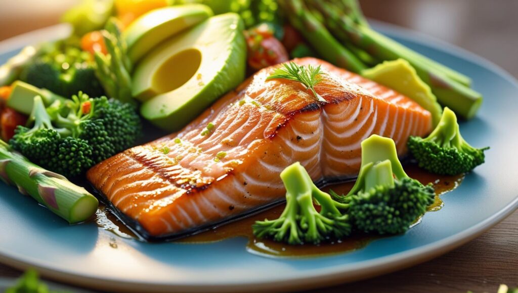 Prato de dieta cetogênica com salmão, abacate e legumes