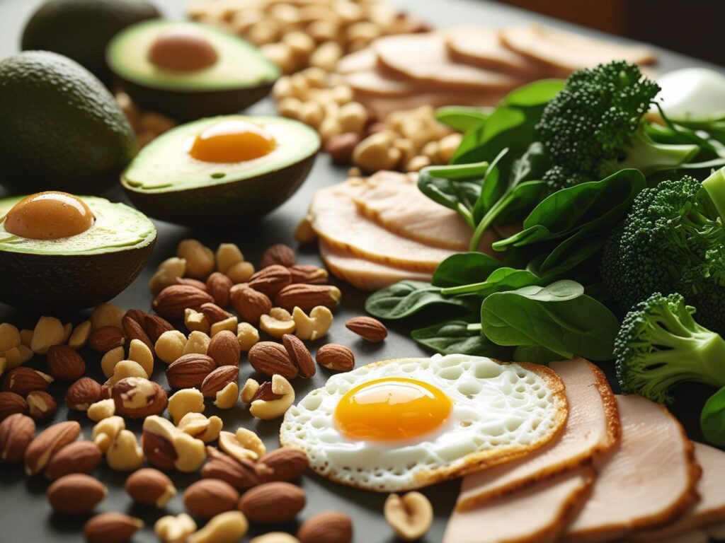 Uma mesa com diversos alimentos saudáveis, incluindo abacate, ovos, nozes, vegetais verdes e carne, representando uma dieta low carb