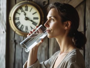 Uma pessoa bebendo água enquanto olha para um relógio, simbolizando a prática do jejum intermitente e a hidratação