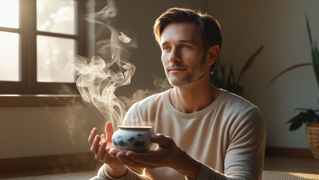 Pessoa relaxando com chá natural para controlar ansiedade e compulsão alimentar.