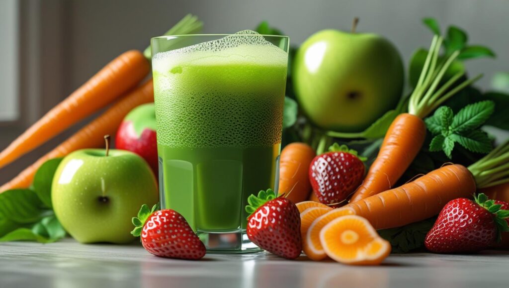Receita detox fácil com frutas e vegetais frescos