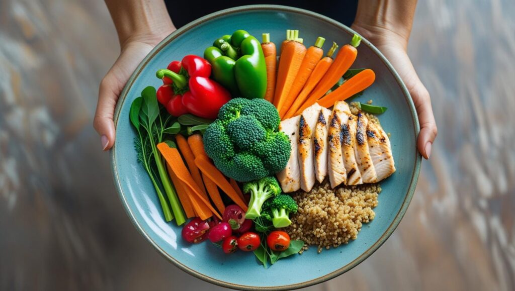 Prato colorido com alimentos saudáveis e equilibrados para dieta